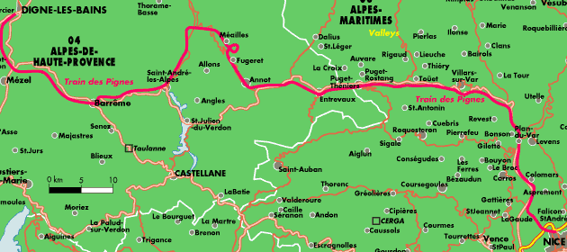 Map of the Train des Pignes between Nice and Digne-les-Bains